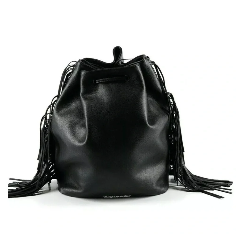Victoria's Secret Black Leather‎ Style Backpack with Fringe Detailing 5231